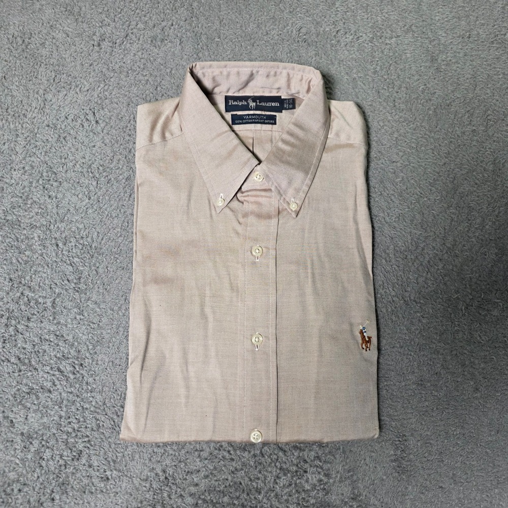 Ralph Lauren Mens 16-34 Yarmouth Shirt Tan Cotton Pinpoint Oxford Button VTG 90s